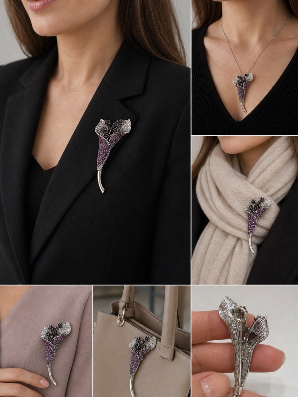 Silver Floral Calla Lily Brooch with Pink Crystal Accents